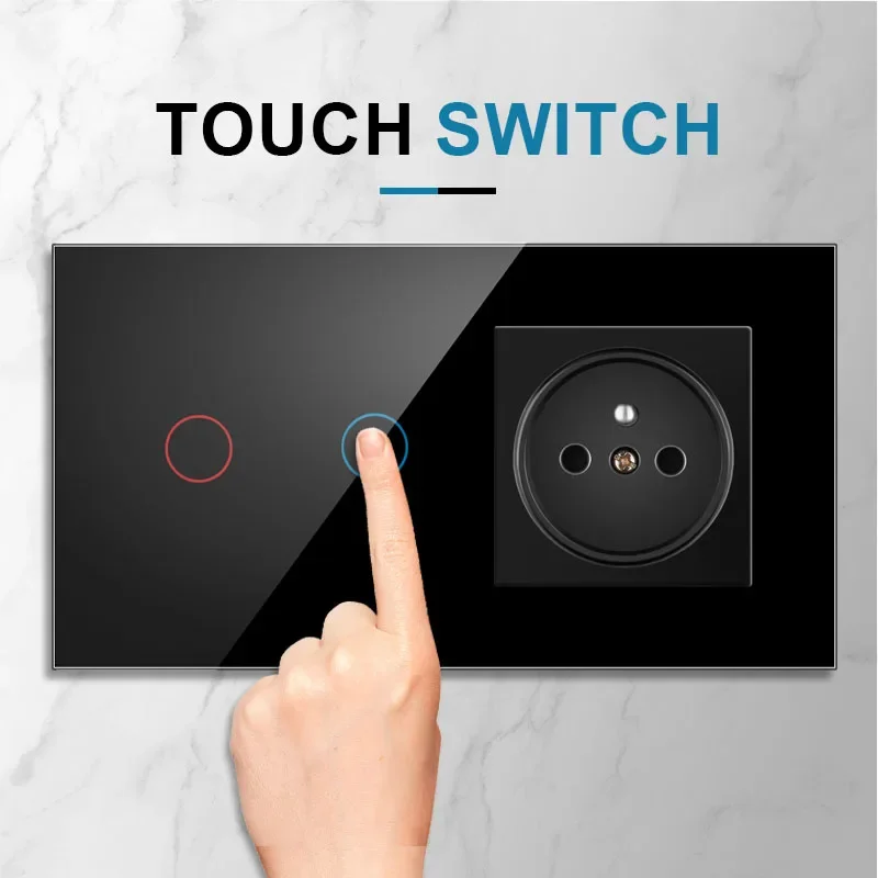 NYWP Touch Light Switch France Sockets USB C Phone Charge Crystal Glass 1/2/3Gang Wall Switches Double Sockets Black