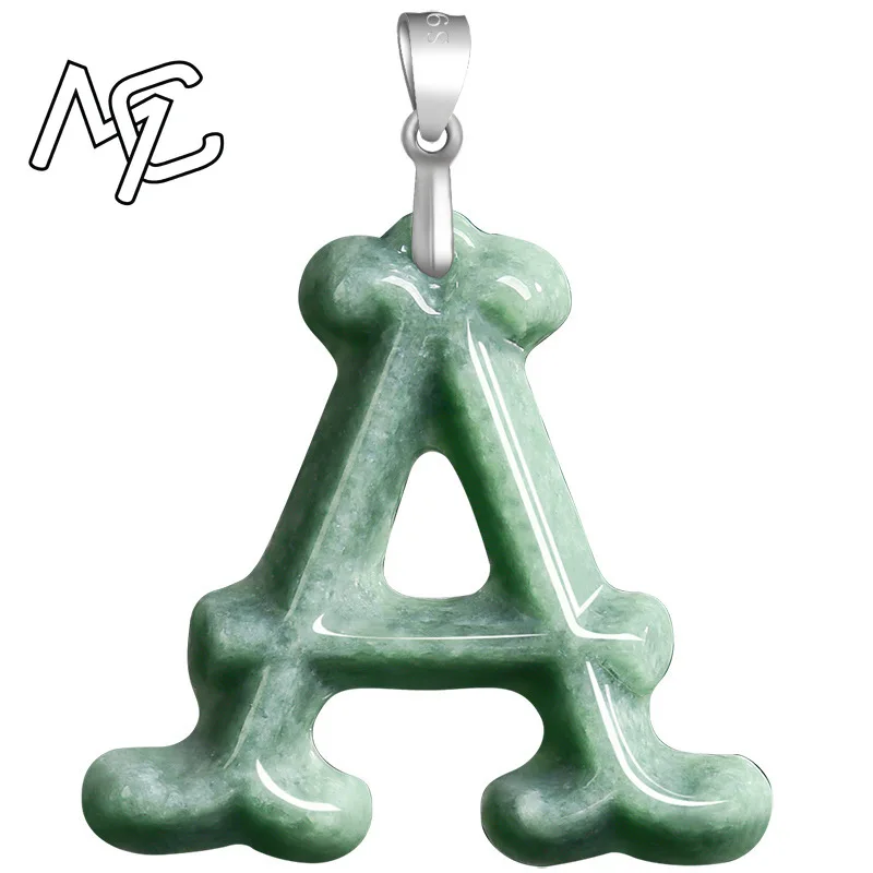 925 Silver Natural Burma Emerald Inlaid English Letter Pendant Jadeite Amulet Fashion Jewelry Gifts Women Her Sweater Chain