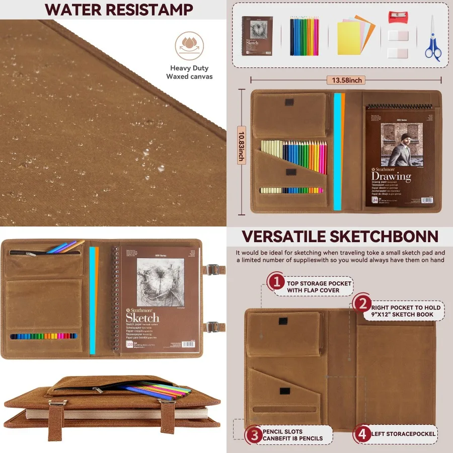 Funda de cuaderno de bocetos de lona encerada con portalápices incorporado para viajes y dibujos al aire libre, se adapta a cuaderno de bocetos de 9x12 y Spira de 8,5x11