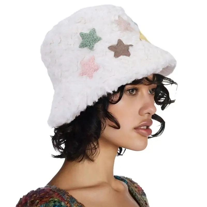 652F المرأة لطيف ملون نمط نجمة دلو قبعة الشتاء القطيفة بيني قبعة الصياد