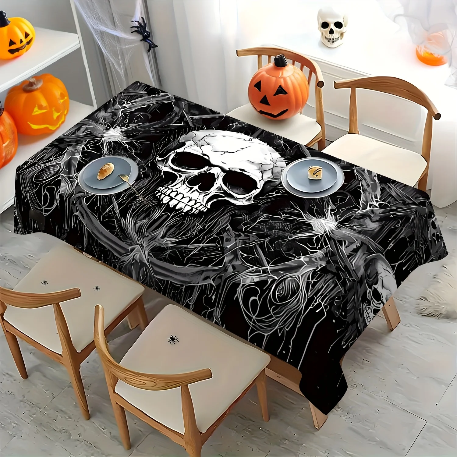 Skull pattern tablecloth - Durable polyester fabric, rectangular woven; suitable for kitchen, dining room, etc.