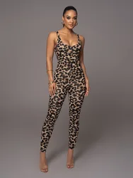 Gymdolphin Women's Sexy Leopard Print Skinny Nightclub Jumpsuit Spaghetti-Neck Yoga Clothes Fitness Coverall Female Club Outfits