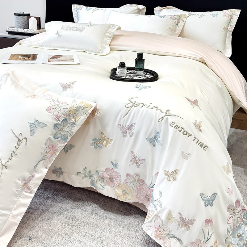 Luxury Colorful Butterfly Flowers Embroidery 100% Egyptian Cotton Bedding Set Duvet Cover Flat/Fitted Bed Sheet Pillowcases 4Pcs