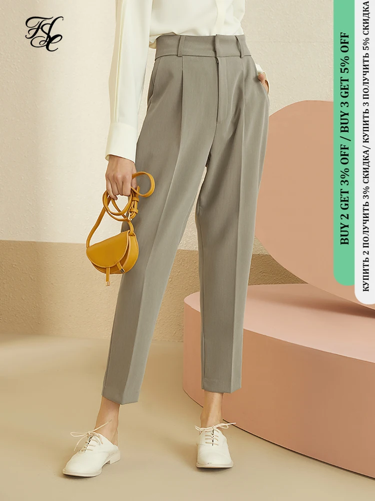 Fsle senhora do escritório branco calças casuais streetwear cintura alta mulheres calças cortadas elegante outono calças de inverno inferior