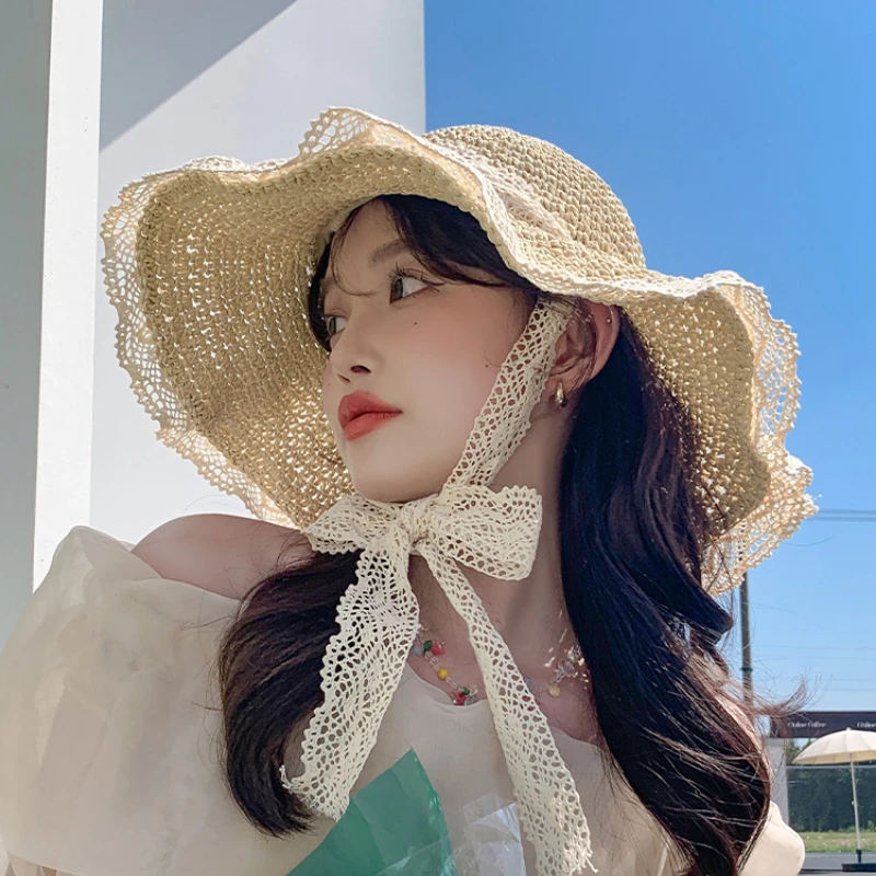 Womens Summer Straw Hat Foldable Sun Hat Wide Large Brim Beach Hats Fashion Straw Hat Chapeau Femme Beach UV Protection Cap