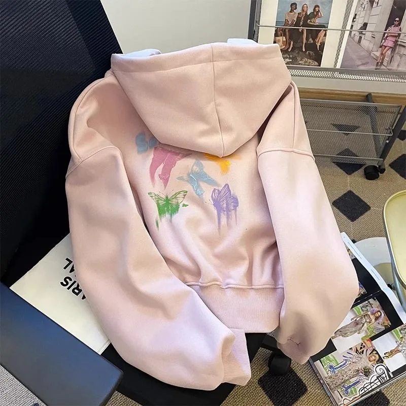 Pink Butterfly Print Hooded Sweatshirt for Women Korean Autumn Winter Large Size Velvet Thickened Dopamine Outerwear Hoodies