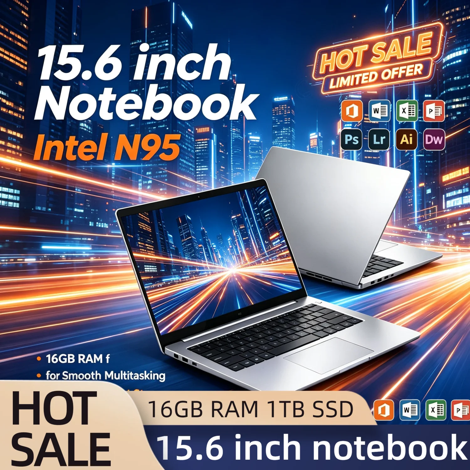 Intel N95 2026 Portable 15.6 Inch Laptop 32GB DDR4 2TB SSD 7500mAh Office Gamer Notebook Backlit Fingerprint Pro Unit Max