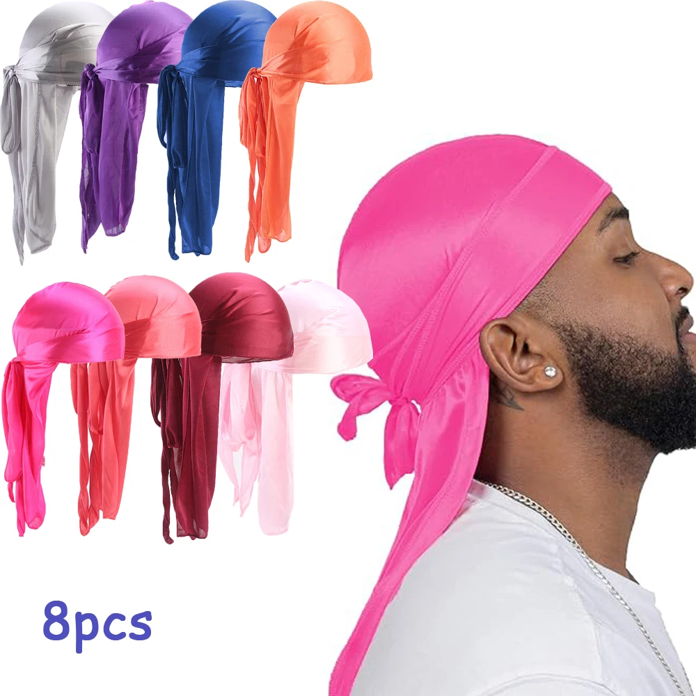 8pcs Hats Silky Satin Durag for Men Women Solid Color Long Tail Head Wrap Cap Smooth Bandana Headwear for Hair Protection Cover