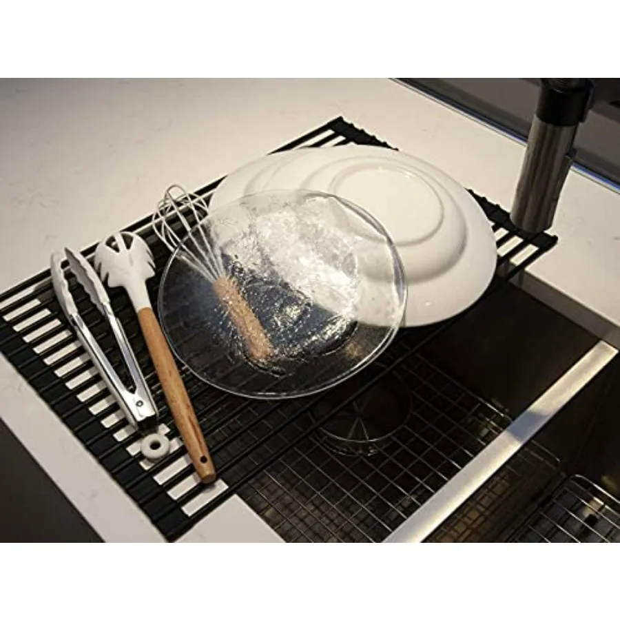 رف تجفيف قابل للطي أسود متعدد الأغراض 20.4 × 13.1 بوصة مع قضبان من الفولاذ المقاوم للصدأ الصلبة المطلية بالسيليكون لتجفيف الأطباق بكفاءة