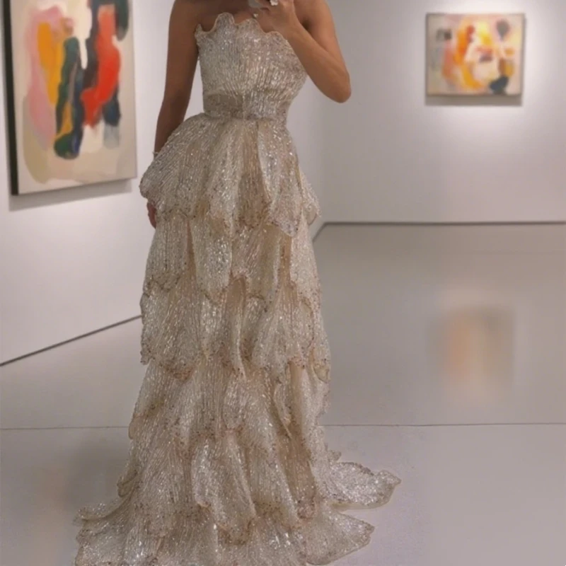Glitter Tiered Prom Dresses Rhinestones Party Reception Birthday Gowns A Line Strapless Evening Dress Robes Customized