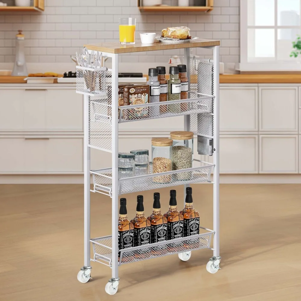 

4-Tier Kitchen Cart Utility Organizer White Slim Rolling Cart Rack w/3 Basket