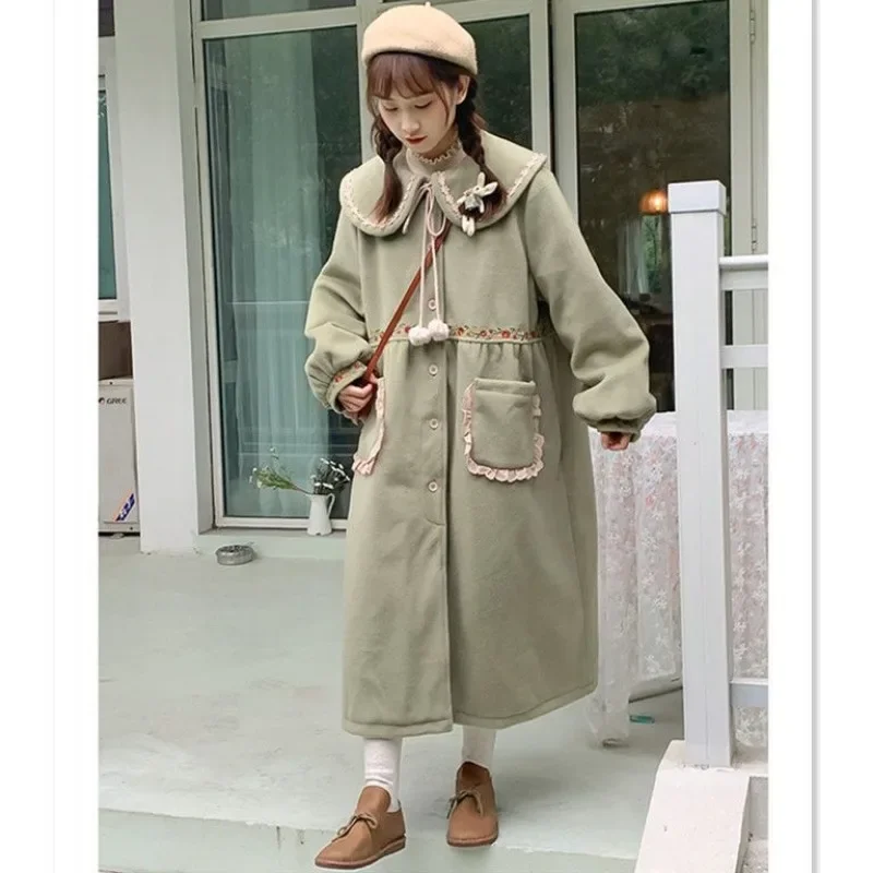 Vintage Sweet Mori Girl Style Thickened Long Tweed Coat Autumn Winter Japanese Kawaii Doll Collar Embroidery Women Tweed Jackets