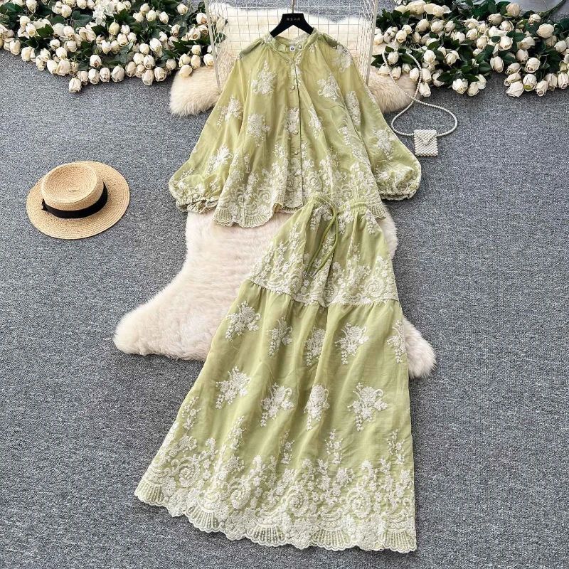 

French style gentle temperament set women spring loose heavy embroidery lantern sleeve shirt+high waist large swing long skirt