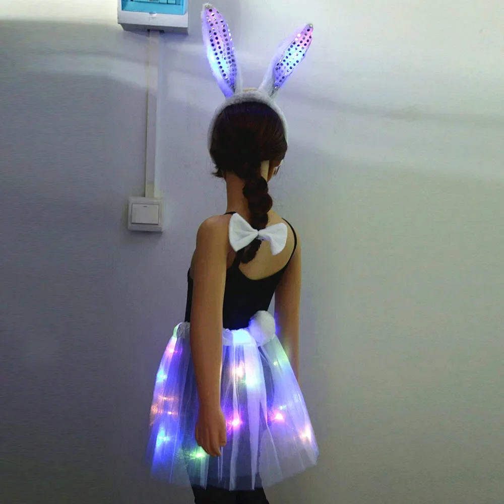 Women Girl LED Light Up Tutu Glow Bunny Rabbit Easter Costume Ear Headbands Birthday Party Skirt Wedding Festival