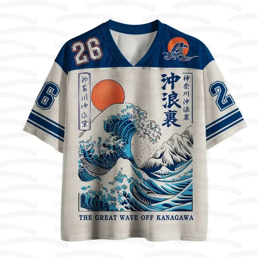 Nouveau Maillot de Sport Unisexe Été 2026 Rétro Japonais Imprimé Vague Ukiyo-e, T-shirt Enfant Respirant en Maille Col V Streetwear