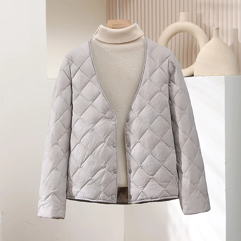 Doudoune à carreaux à col en V pour femme, manteau en duvet de canard blanc, veste légère et fine, parkas chaudes pour femme, grande taille, OutChester, nouveau, automne et hiver 2024