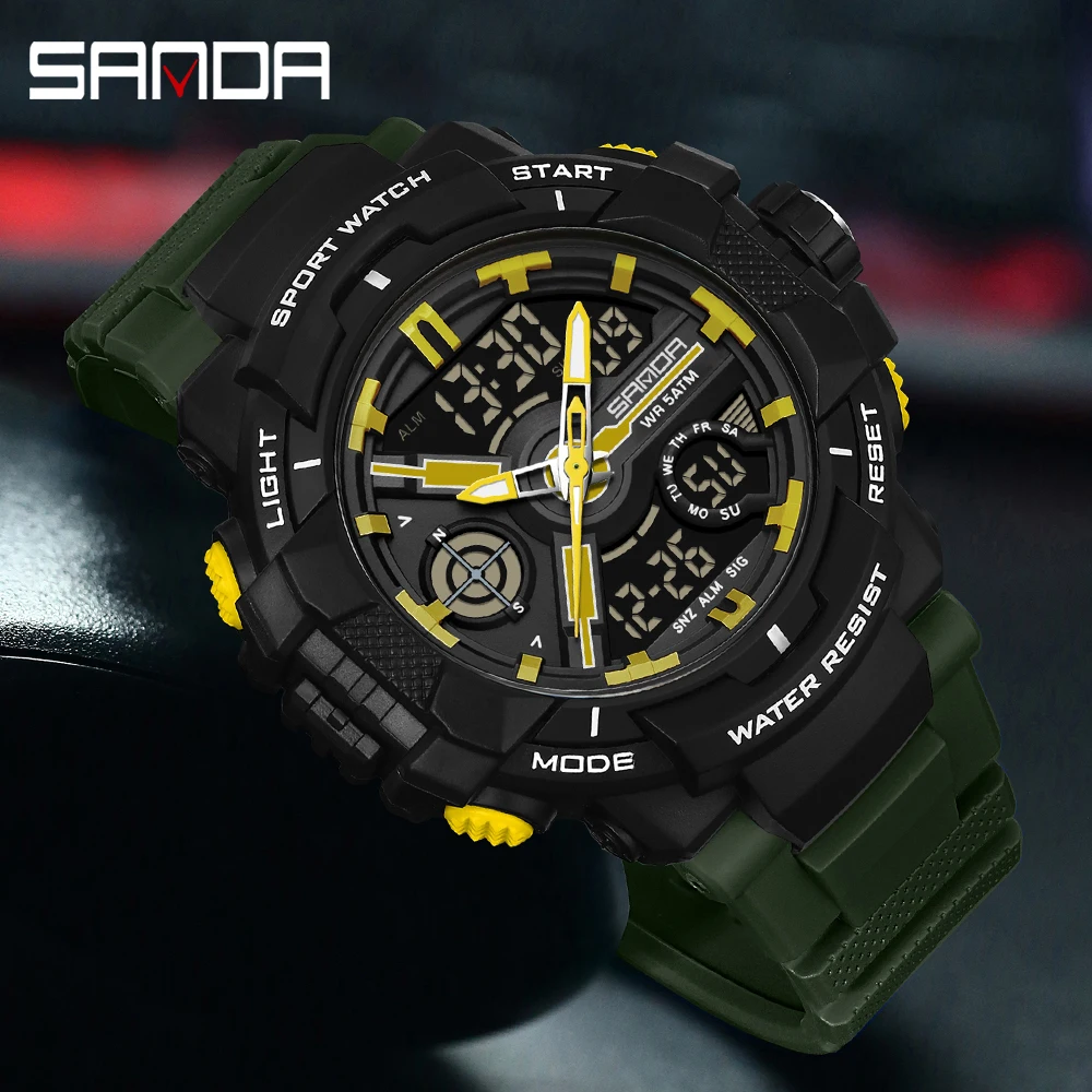 SANDA 6226 ساعة منبه رياضية للرجال ساعة توقيت إضاءة خلفية رقمية عرض مزدوج الوقت إضاءة مقاومة للماء ساعة كوارتز رجالية 2025
