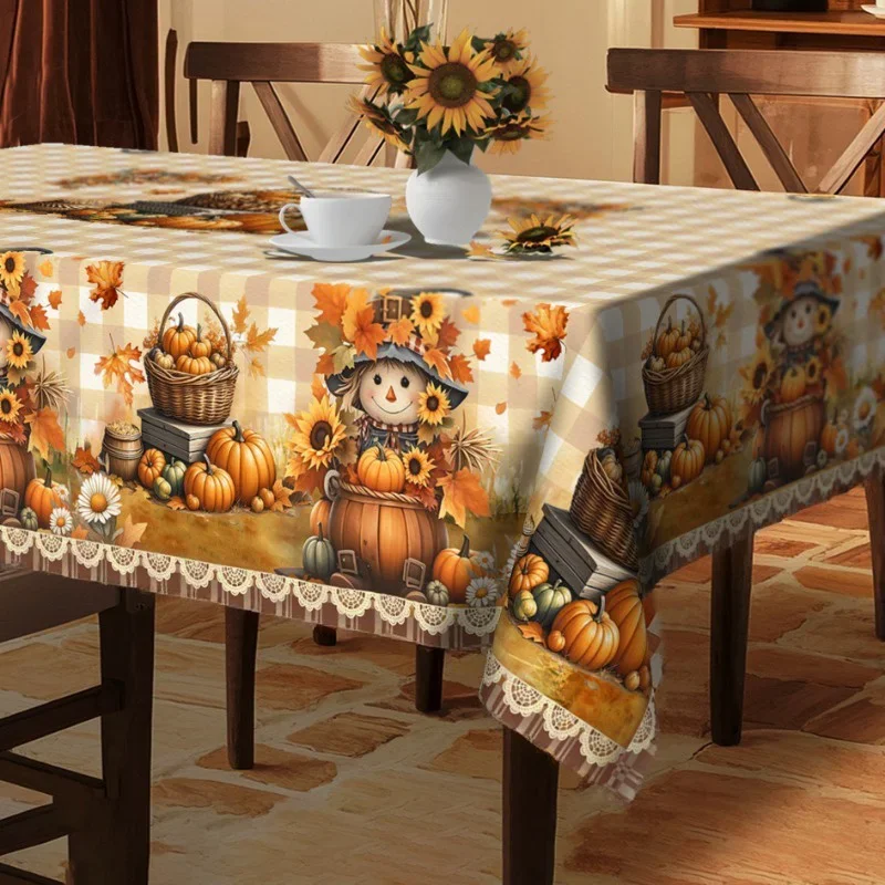 1pc Yellow and White Checkered Autumn Pattern Tablecloth, which can effectively enhance the festive and thematic atmosphere.xzj