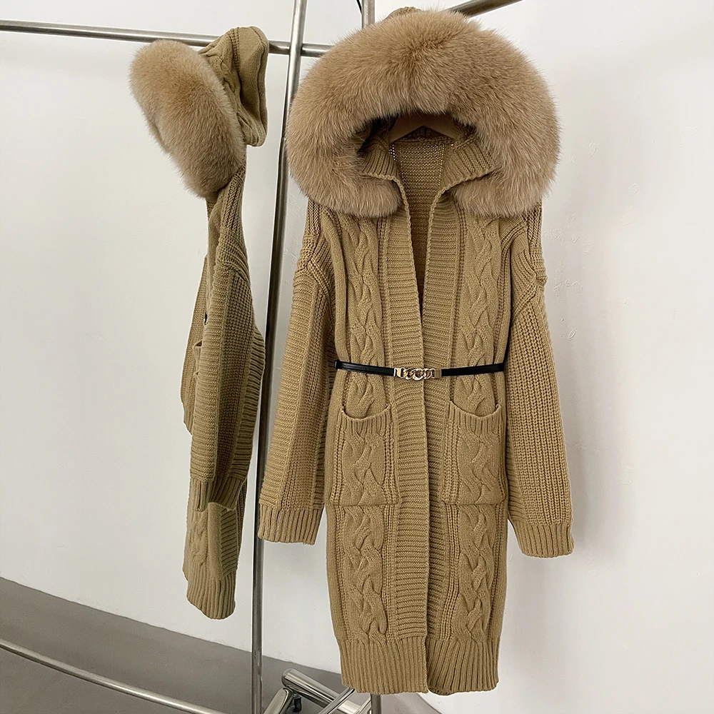 

Knitwear Women Spring Real Fur Coat Autumn Knitted Coat Clothes Fashion Belt Sweater Female Cardigan Hooded Real Fox Fur Jacket