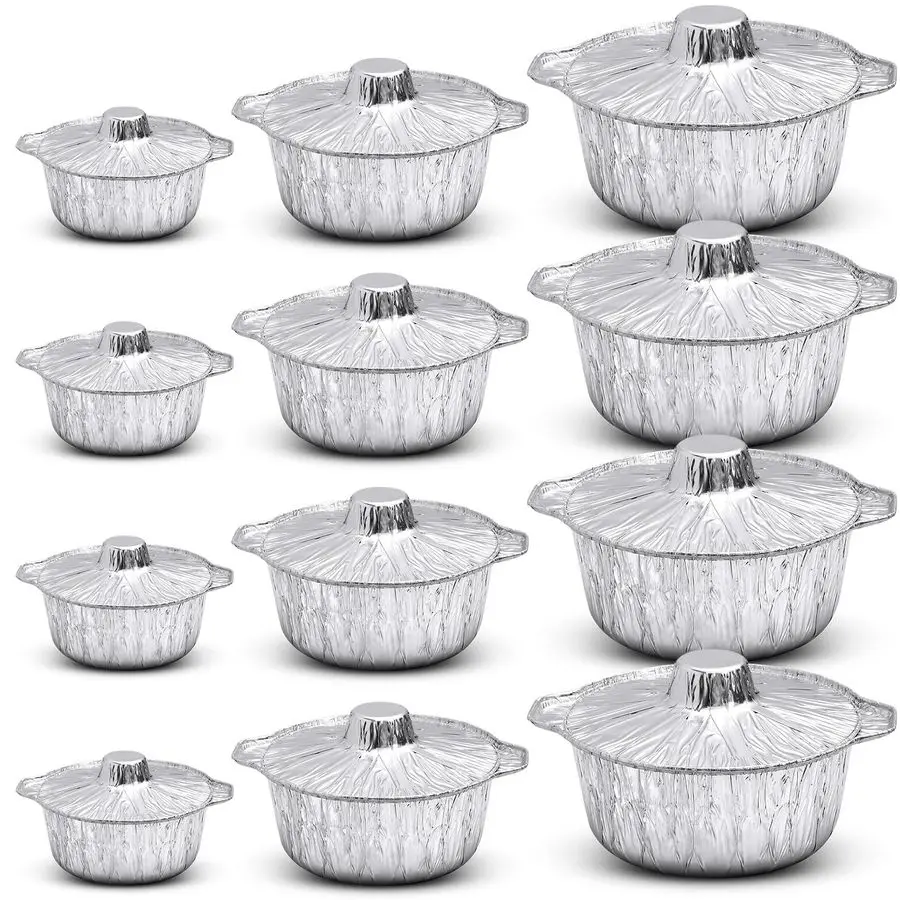 

Aluminum Pot with Lid Round Foil Pans Disposable Cookware Food Container for Vacation Trips Camping Baking Heating Cooking12 Pcs