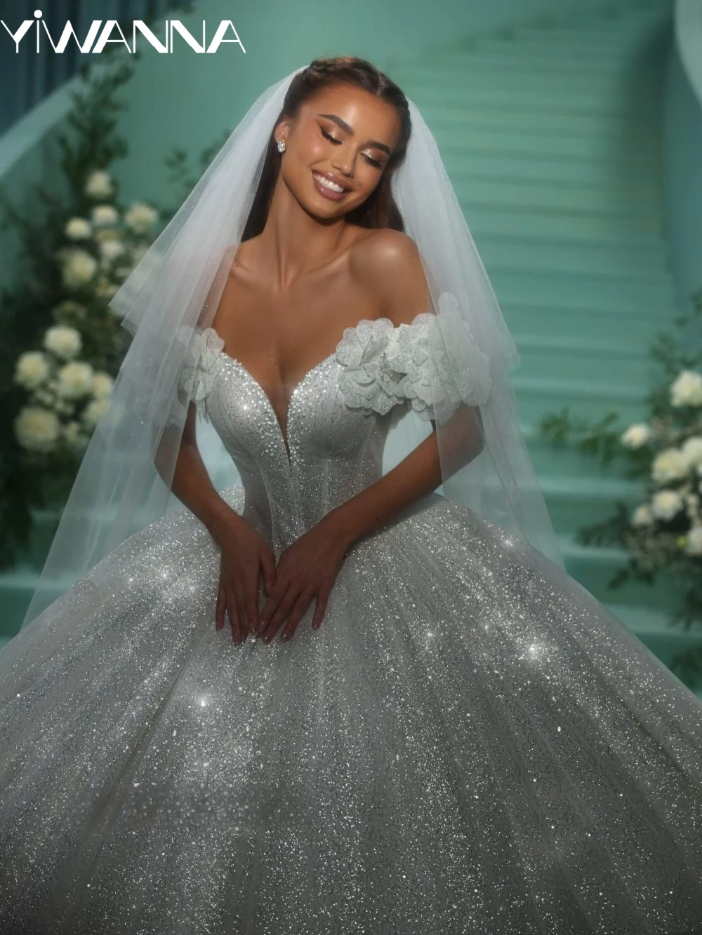 

Princess Luxurious Sequined Off Shoulder Wedding Dress Charming 3D Flower Bridal Gown Customized Puffy Tulle Dresses For Bride
