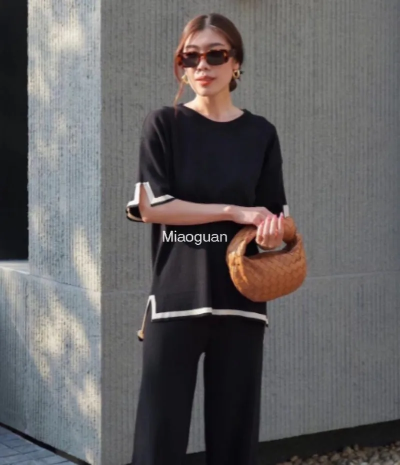 Elegant O-neck Side Slit Pullover Long Sleeve Sweater+wide Leg Pants 2 Piece Sets Women\'s Autumn Solid Color Casual Sweatshirts