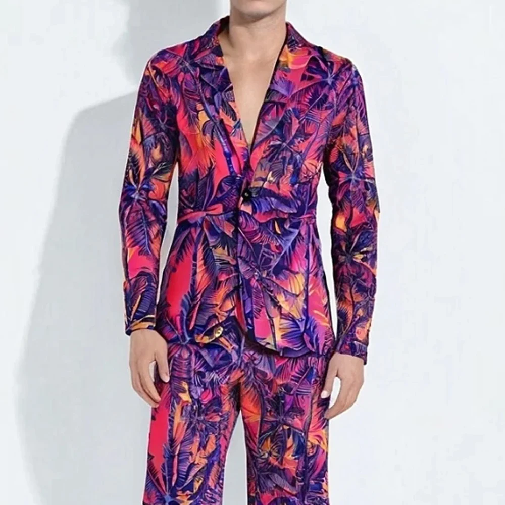 

Hawaiian Print Men 2 Piece Suit （ Blazer Jackets + Pants ） Streetwear Single-breasted Slim Fit Dress Up Man Suits Set Plus Size