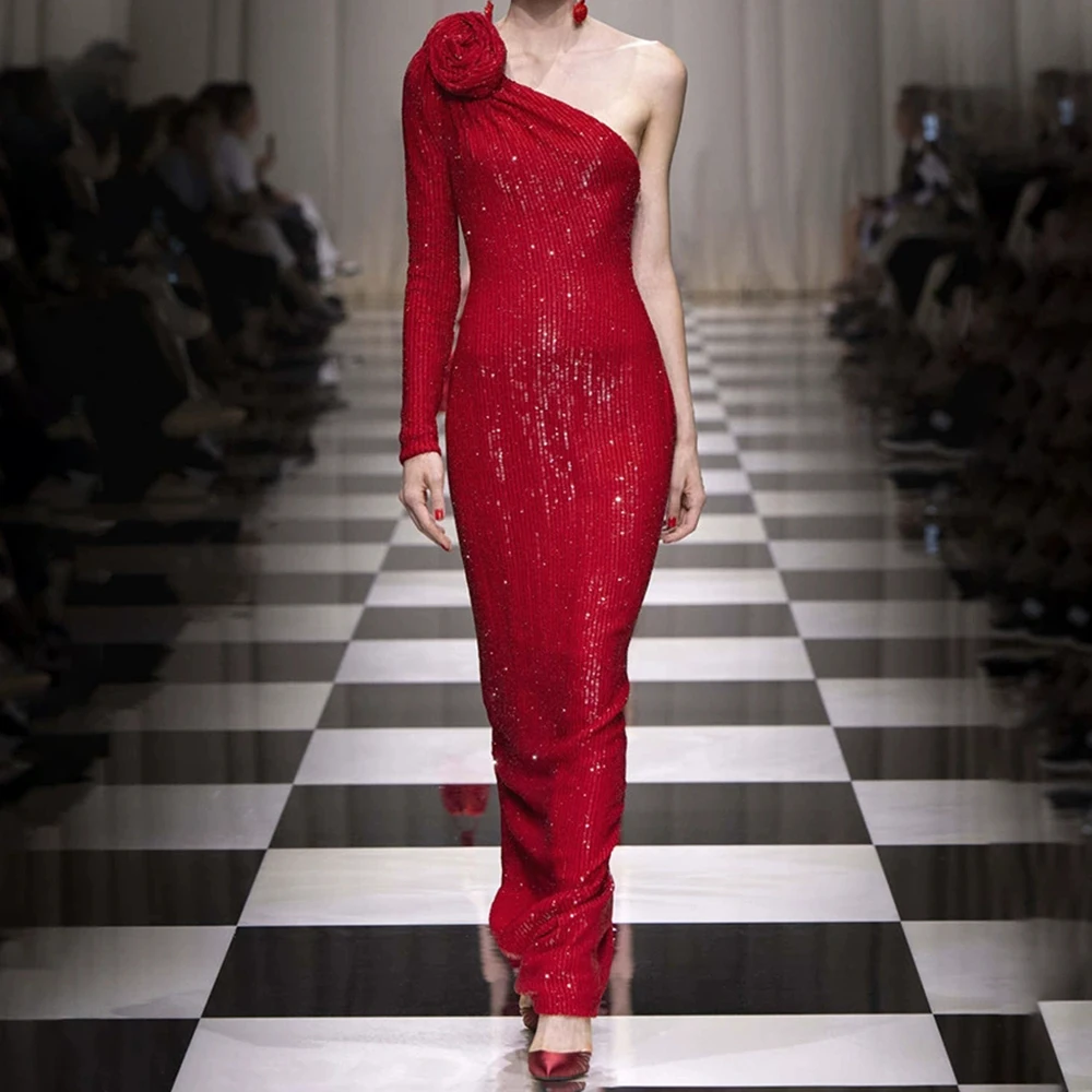 

Spring and Autumn new red flower one-shoulder sequined dress long skirt European and American women's light luxury dress-GZXX417