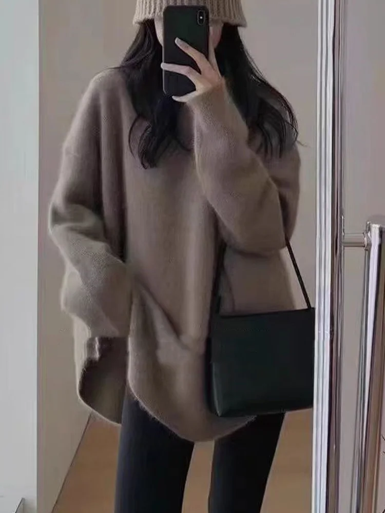 جديد أزياء المرأة البلوفرات محبوك سترة طويلة الأكمام الخريف عارضة فضفاض س الرقبة بلون تريكو الملابس الشتوية #5