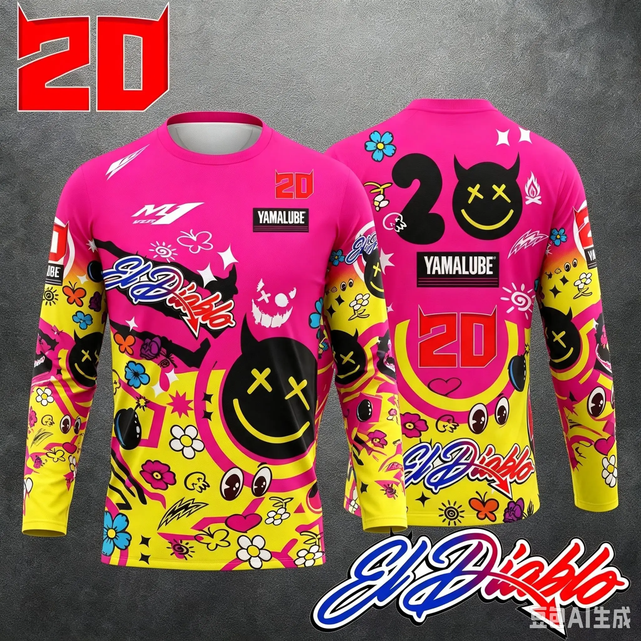 Teufel-Smiley-Graffiti-Rennnummer Langarm-T-Shirt Familien-Partnerlook Atmungsaktiv Schnelltrocknend Motocross Sport Freizeit-Oberteil – Detail 4
