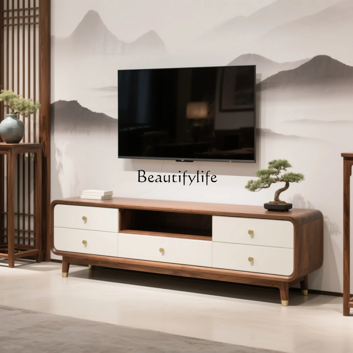

New Chinese-style North American black walnut solid wood TV cabinet light luxury living room cabinet high-end
