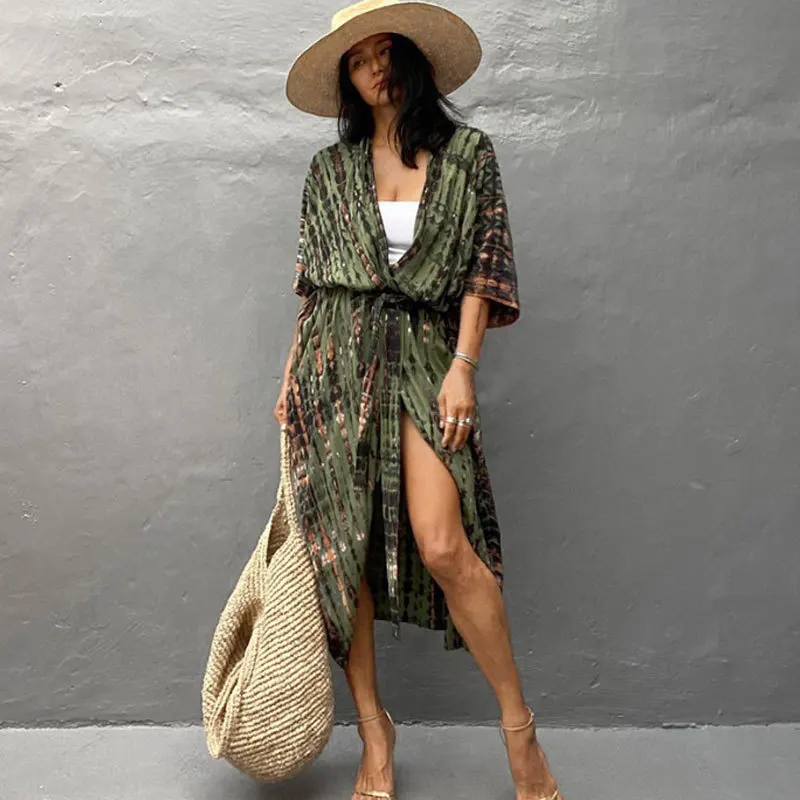 

2025 Spring Summer Fashion Printing Leaf Women's Cardigan Loose Beach Sun Protection Bikini Blouse Swimsuit Women Dress P6