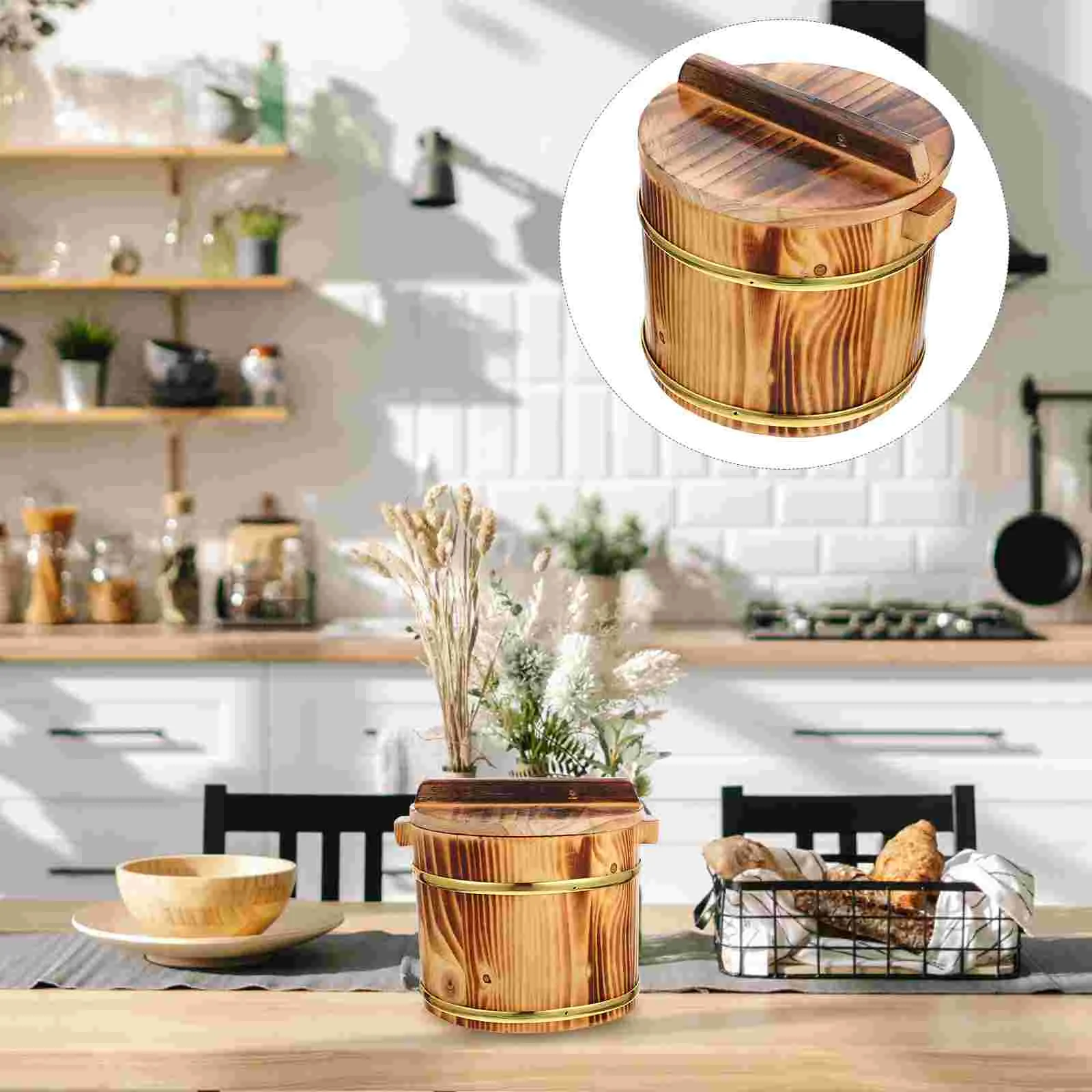 Wooden Barrel Rice Bowls Kitchen Food Container Containers with Lids Cooked Sushi Bucket Display