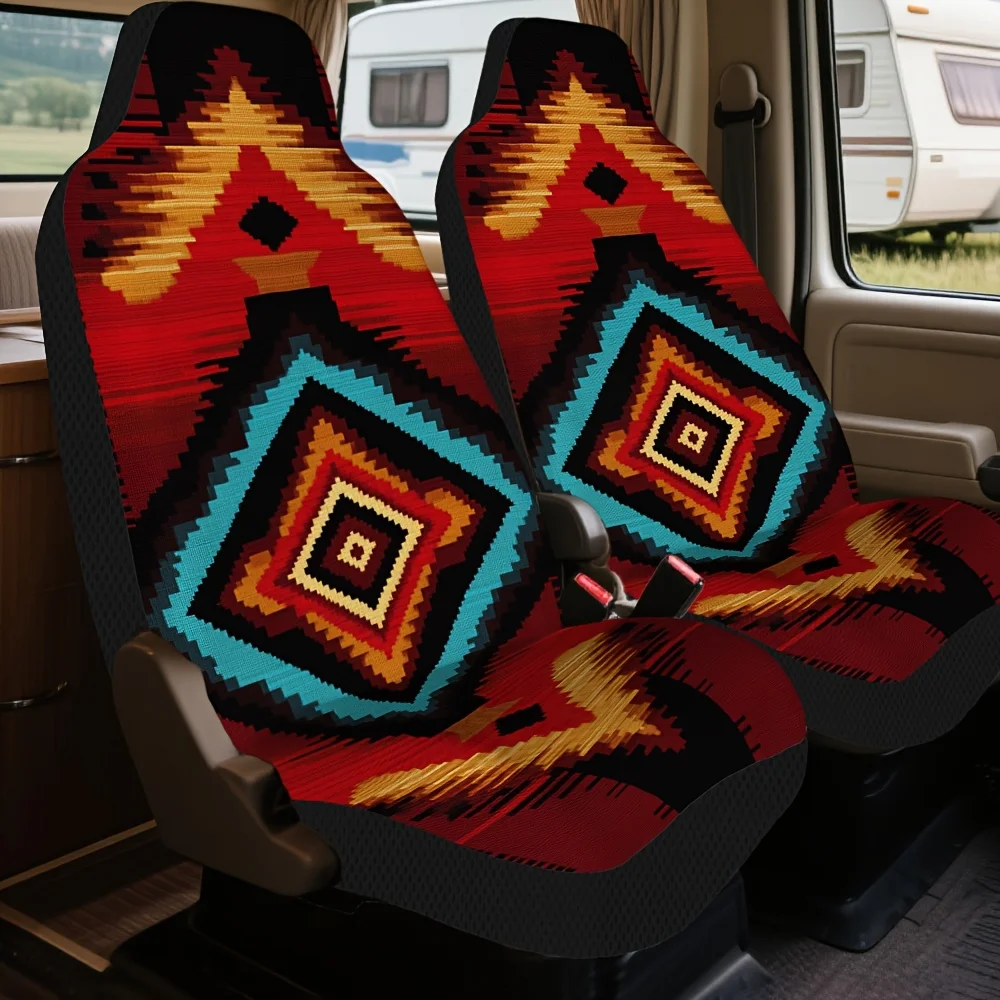 2pcs Universal Car Seat Covers Set, Geometric Southwest Desert Design Print, Fashionable Vehicle Seat Covers. Fits Daily Gym Com
