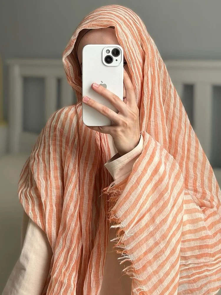 

New Striped Pleated Cotton Scarf Hijab Headscarf Casual Soft Shawl Breathable Yarn Solid Color Shawl Crinkle Hijabs for Women