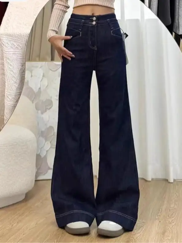 

Retro American Deep Blue plus Size Flared Jeans Women's Spring New High Waist Slim Straight Wide Leg Pants Casual Denim