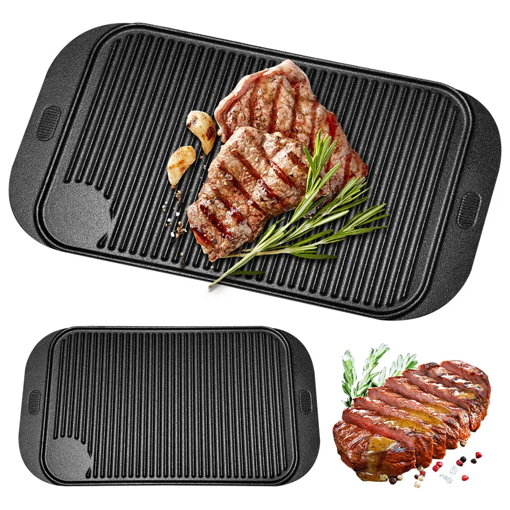 

16.5X9.5 Inch Cast Iron Grill Reversible Griddle Pan Rectangular Grill Plate for Gas Stovetop Oven for Camping Roasting
