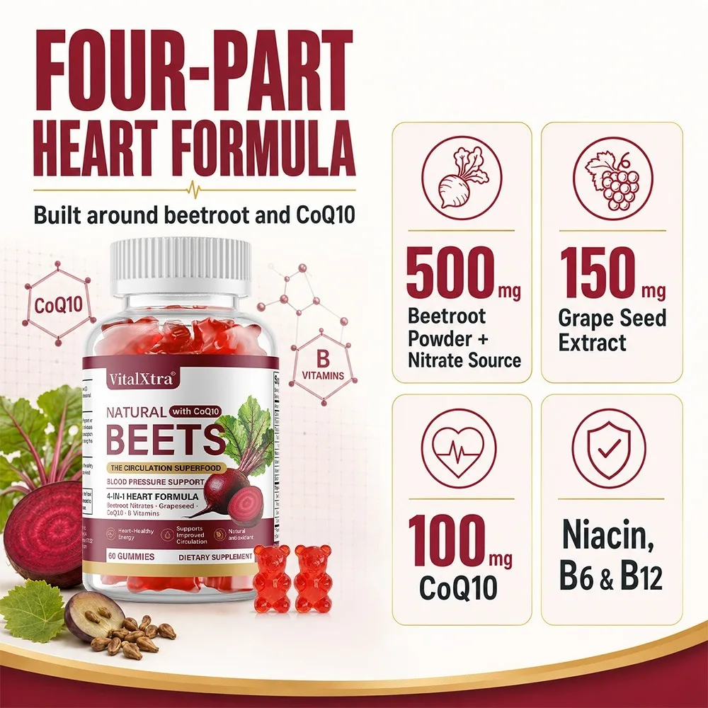 Beetroot Gummies with CoQ10, B Vitamins Grape Seed Extract Antioxidant Support, Daily Energy Supplement