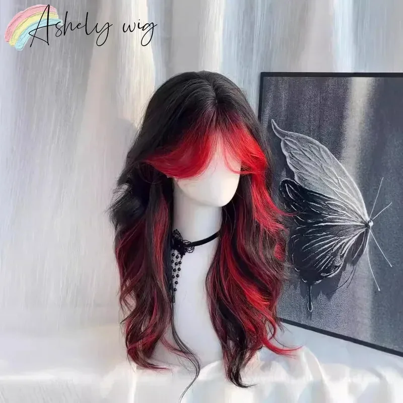 여성용 레드 블랙 옴브레 가발, 긴 웨이브 헤어 가발 21인치 미디엄 Y2K 헤어스타일 로리타 코스프레 데일리용 합성 가발