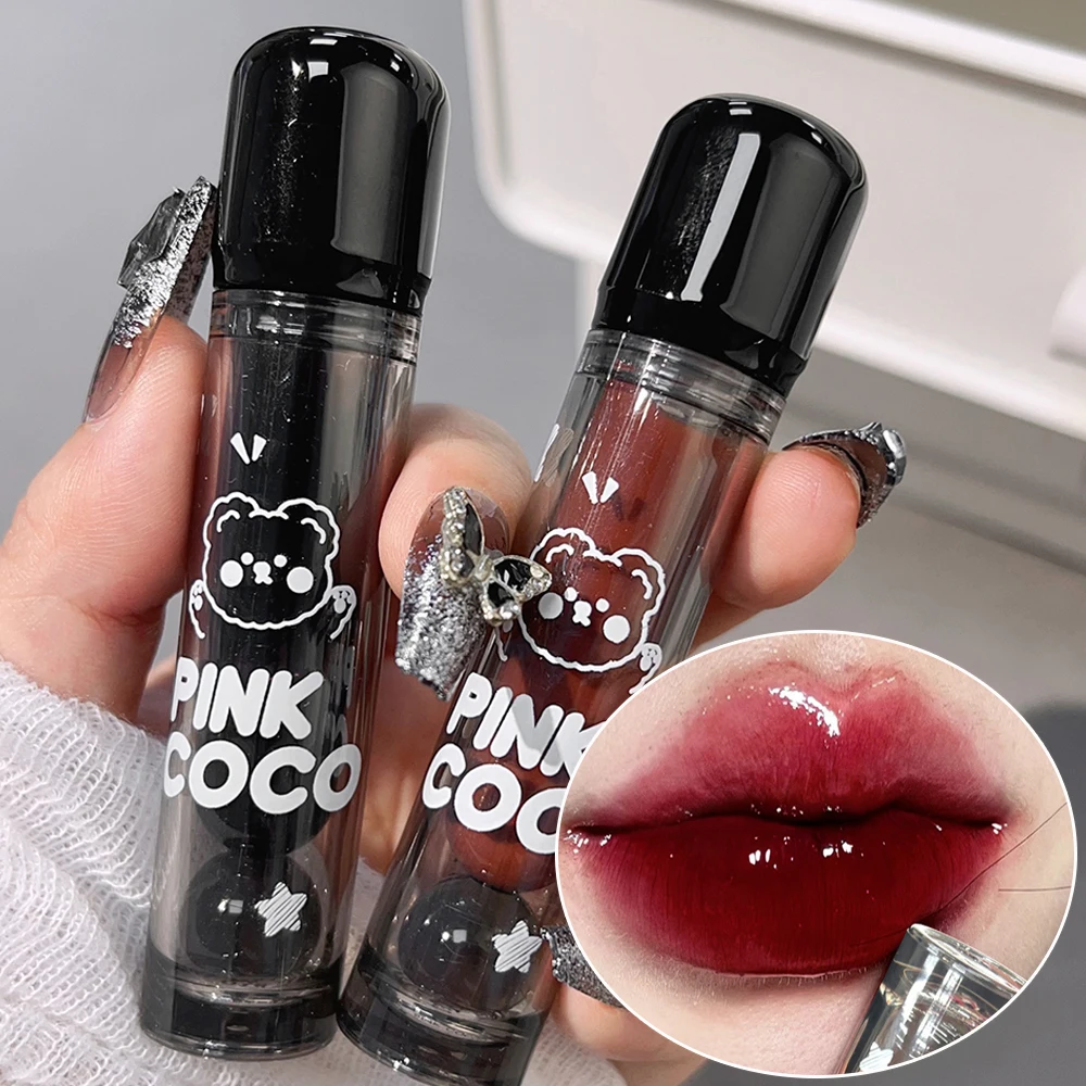 Cute Bear Red Lipgloss Black Mirror Glass Water Light Clear Lip Glaze Wodoodporna, nieprzywierająca pomadka w płynie Nude Lips Tint Makeup