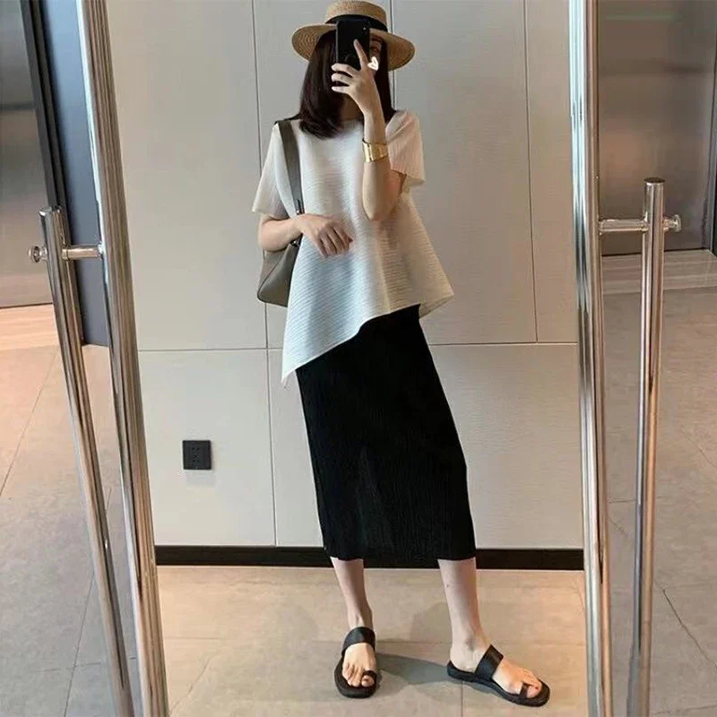 2024 Summer New Casual Fashion Pleated Irregular Loose All-match Short Sleeve T-shirt Tee Women Elegant White Pants Black Skirts