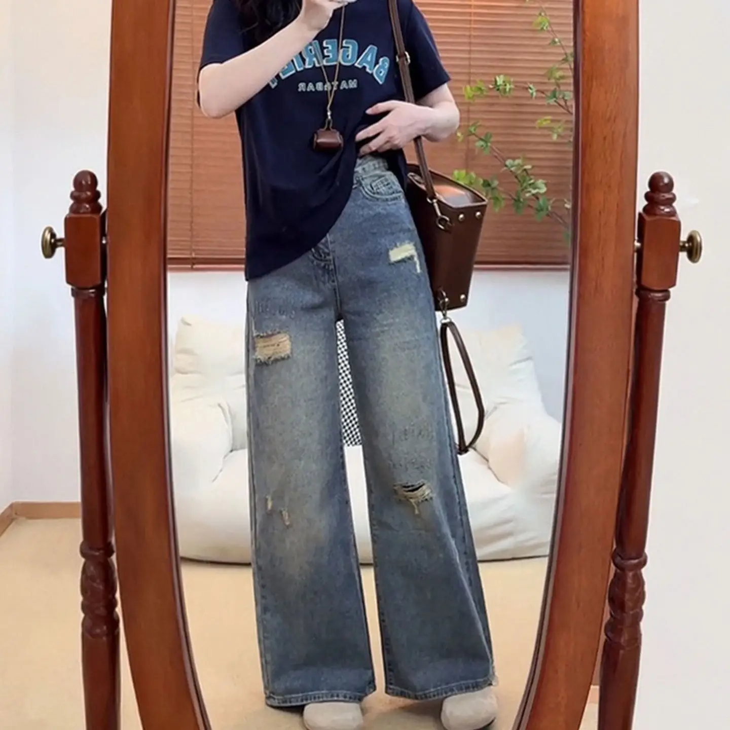 Retro High Waist Wide Leg Denim Jeans Women's Small Size Loose Casual Loose Straight Spring Pants Comfortable Breathable