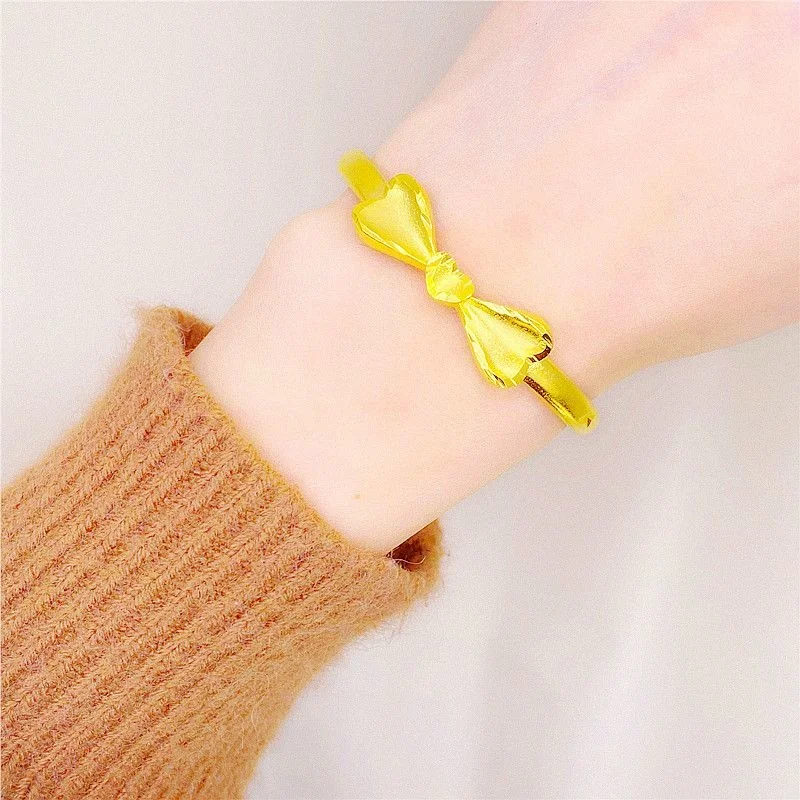 Plated 100% Real Gold 24k 999 Color Bracelet Open Girl Temperament Bowknot Does Pure 18K Jewelry