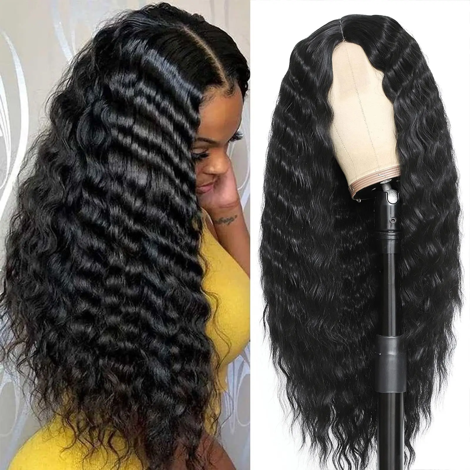 Fashion Split Fluffy Long Curly Black Lace  Head Cover Wigs