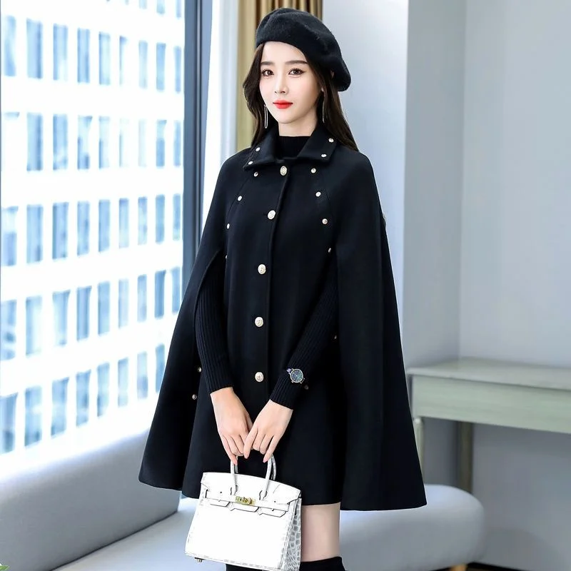 Black Cloak Coat Women\'s Autumn Winter 2024 New Medium Length Loose Woolen Shawl Hepburn Thickened Woolen Coat