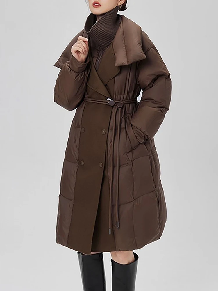 

High end drawstring waist down jacket for women, long style, 2025 winter new design sense
