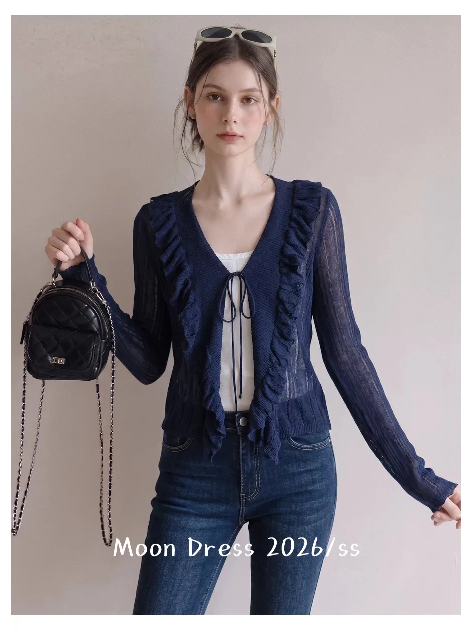 Lightweight Knitted Open Cardigan Women's V-neck Short Hollow out Long Sleeve Soft Style Korean Fashion Wooden  Bordered