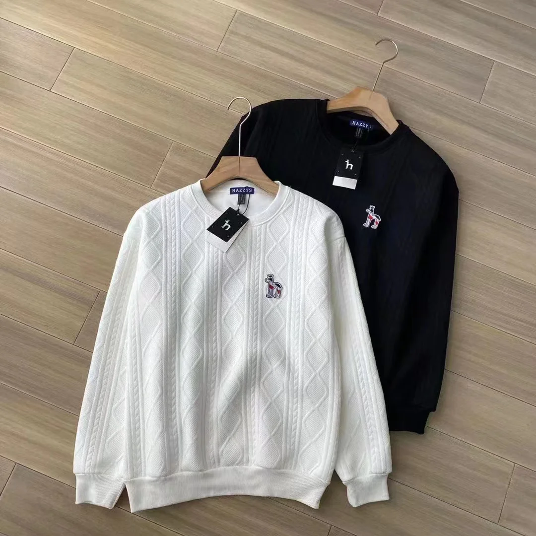 HAZZYS Men's Textured Jacquard Crewneck Sweatshirt Solid Color Embroidered Logo Long Sleeve Pullover Smart Casual Top
