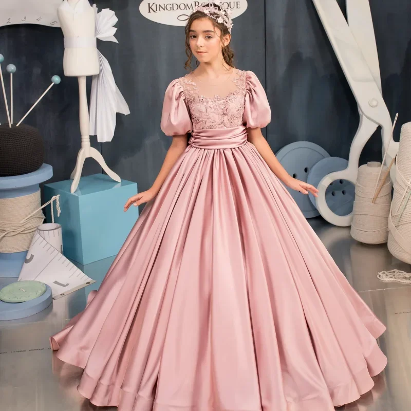 Pink Satin Princess Flower Girl Dresses with Bow Fashion Appliques Beading Floor Length Ball Gown Puff Sleeve