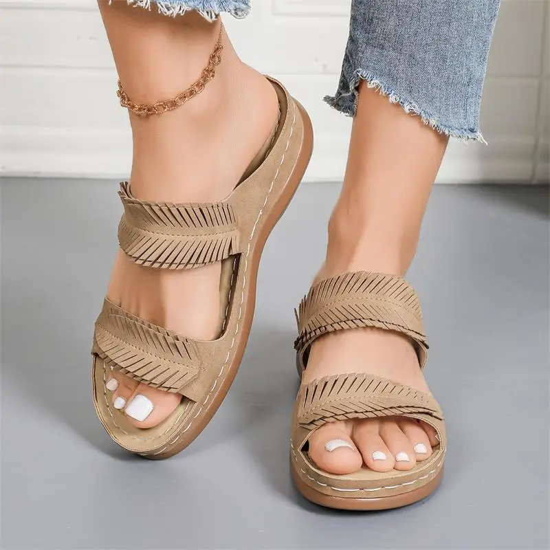 Casual Women's Thick Sole Slippers Retro Round Head Peep Toe Wedges Shoes Minimal Lightweight Outdoors Walking Sandals